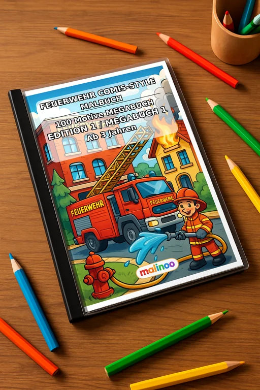 Feuerwehr Comis-Style Malbuch 100 Ausmalbilder gedruckt+gebunden – Mockup-Ansicht