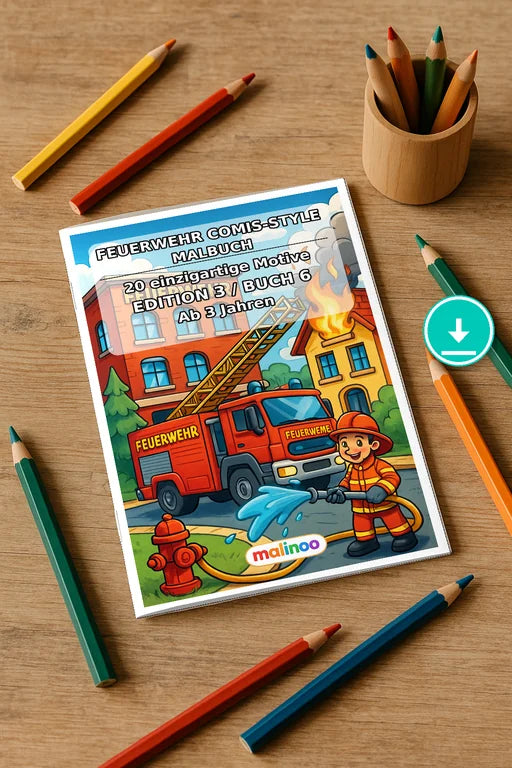 Feuerwehr Comis-Style Malbuch 20 Ausmalbilder PDF Download – Mockup-Ansicht