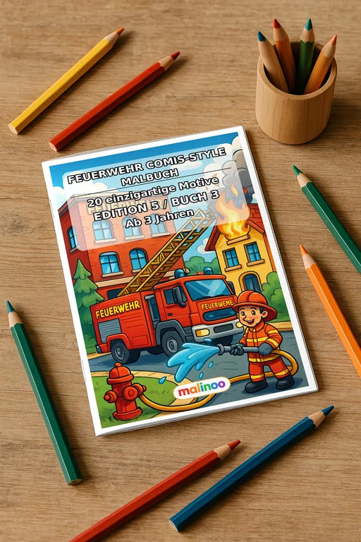 Feuerwehr Comis-Style Malbuch 20 Ausmalbilder gedruckt+gebunden – Mockup-Ansicht