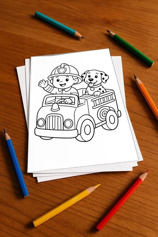 Feuerwehr Comis-Style Malbuch 20 Ausmalbilder gedruckt, ungebunden – Mockup-Ansicht