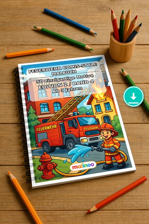 Feuerwehr Comis-Style Malbuch 50 Ausmalbilder PDF Download – Mockup-Ansicht