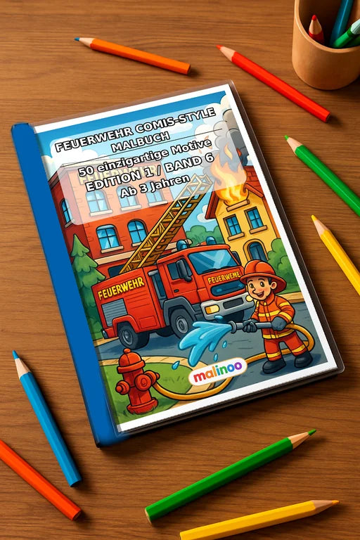 Feuerwehr Comis-Style Malbuch 50 Ausmalbilder gedruckt+gebunden – Mockup-Ansicht