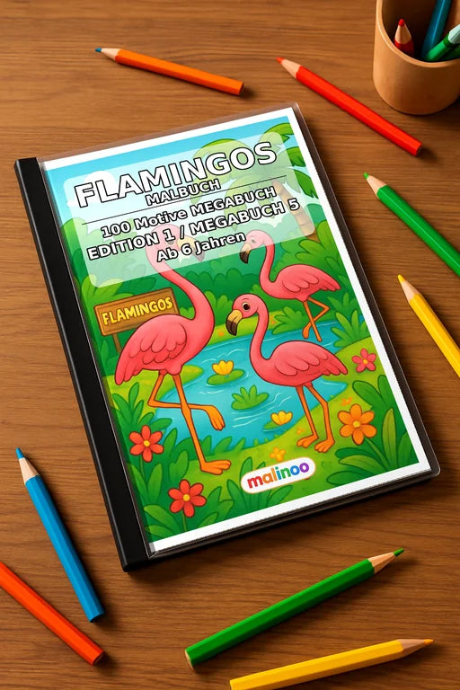 Flamingos Malbuch 100 Ausmalbilder gedruckt+gebunden – Mockup-Ansicht
