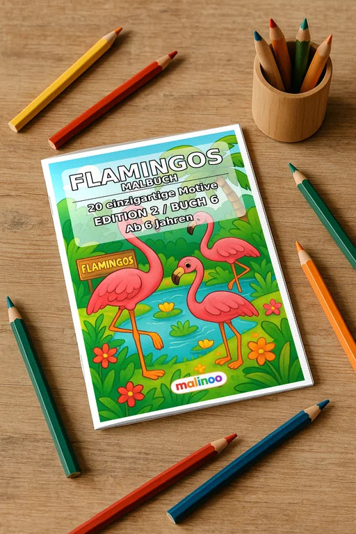 Flamingos Malbuch 20 Ausmalbilder gedruckt+gebunden – Mockup-Ansicht