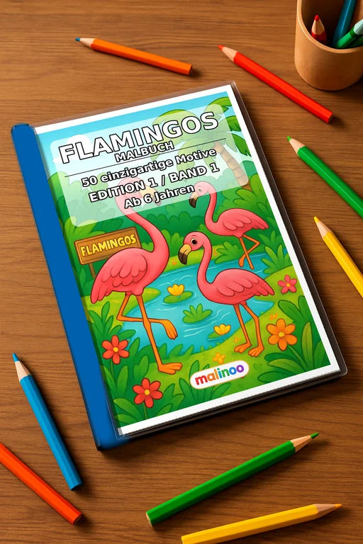 Flamingos Malbuch 50 Ausmalbilder gedruckt+gebunden – Mockup-Ansicht