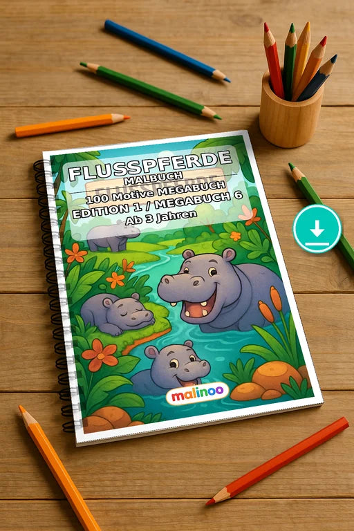 Flusspferde Malbuch 100 Ausmalbilder PDF Download – Mockup-Ansicht