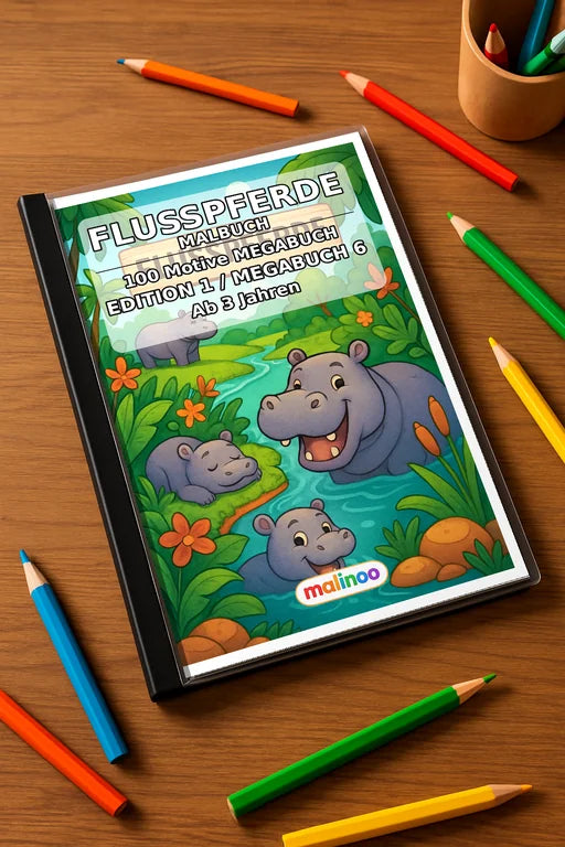 Flusspferde Malbuch 100 Ausmalbilder gedruckt+gebunden – Mockup-Ansicht