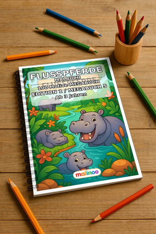 Flusspferde Malbuch 100 Ausmalbilder gedruckt und gebunden – Mockup-Ansicht