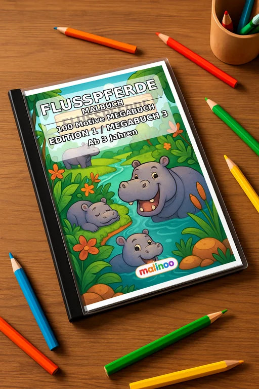 Flusspferde Malbuch 100 Ausmalbilder gedruckt+gebunden – Mockup-Ansicht