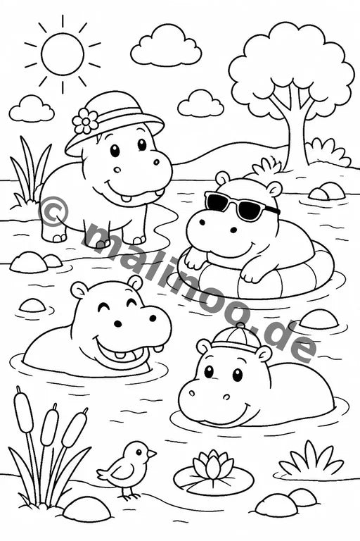 Flusspferde Malbuch 20 Ausmalbilder PDF Download – Vorschaubild 2