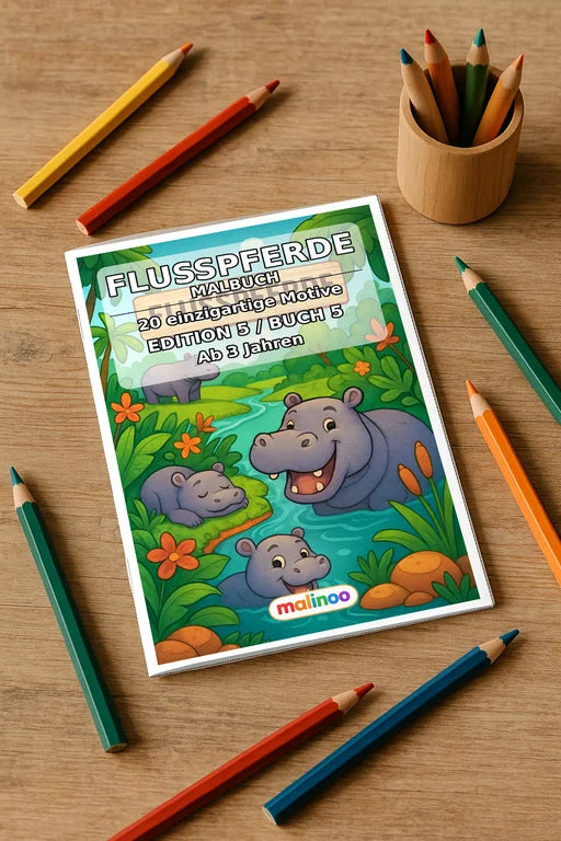 Flusspferde Malbuch 20 Ausmalbilder gedruckt+gebunden – Mockup-Ansicht