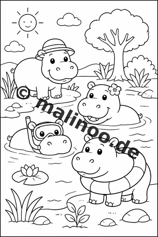 Flusspferde Malbuch 20 Ausmalbilder gedruckt und gebunden – Vorschaubild 7