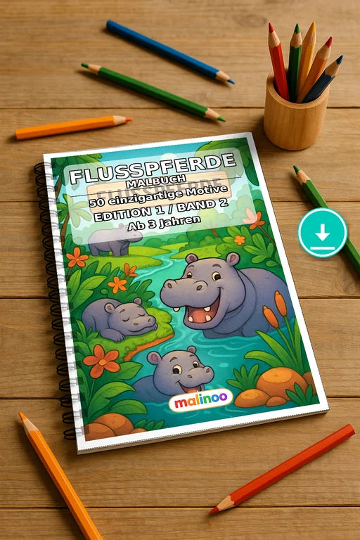 Flusspferde Malbuch 50 Ausmalbilder PDF Download digital – Mockup-Ansicht