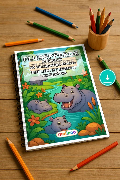 Flusspferde Malbuch 50 Ausmalbilder PDF Download digital – Mockup-Ansicht