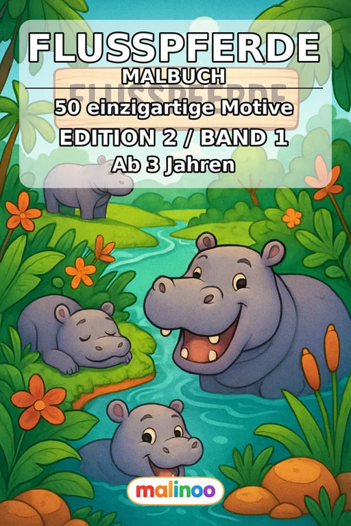 Flusspferde Malbuch 50 Ausmalbilder gedruckt+gebunden – Cover