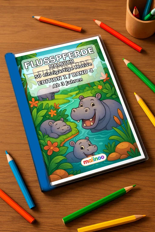 Flusspferde Malbuch 50 Ausmalbilder gedruckt+gebunden – Mockup-Ansicht