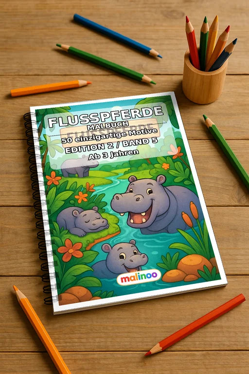 Flusspferde Malbuch 50 Ausmalbilder gedruckt und gebunden – Mockup-Ansicht
