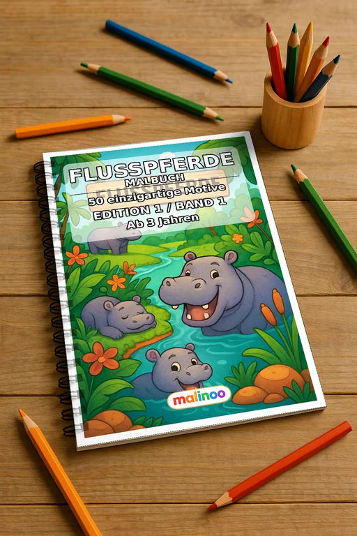Flusspferde Malbuch 50 Ausmalbilder gedruckt und gebunden – Mockup-Ansicht