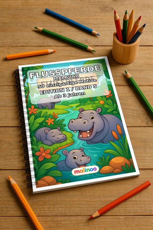 Flusspferde Malbuch 50 Ausmalbilder gedruckt und gebunden – Mockup-Ansicht