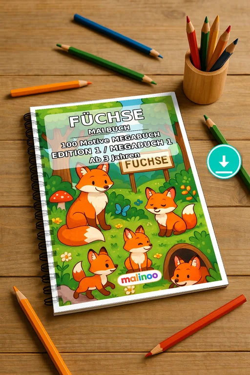 Füchse Malbuch 100 Ausmalbilder PDF Download digital – Mockup-Ansicht