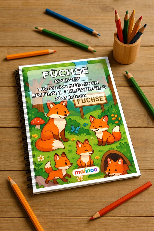 Füchse Malbuch 100 Ausmalbilder gedruckt und gebunden – Mockup-Ansicht