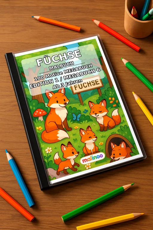 Füchse Malbuch 100 Ausmalbilder gedruckt+gebunden – Mockup-Ansicht