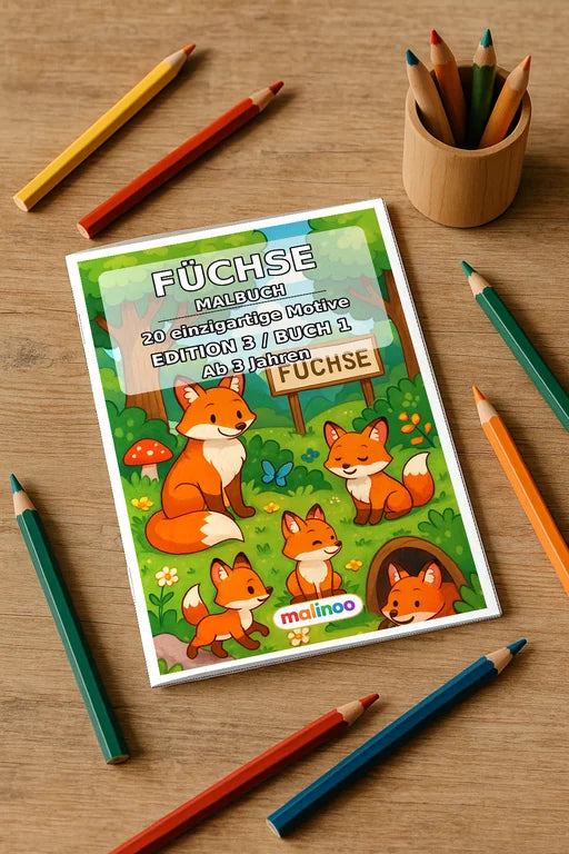 Füchse Malbuch 20 Ausmalbilder gedruckt+gebunden – Mockup-Ansicht