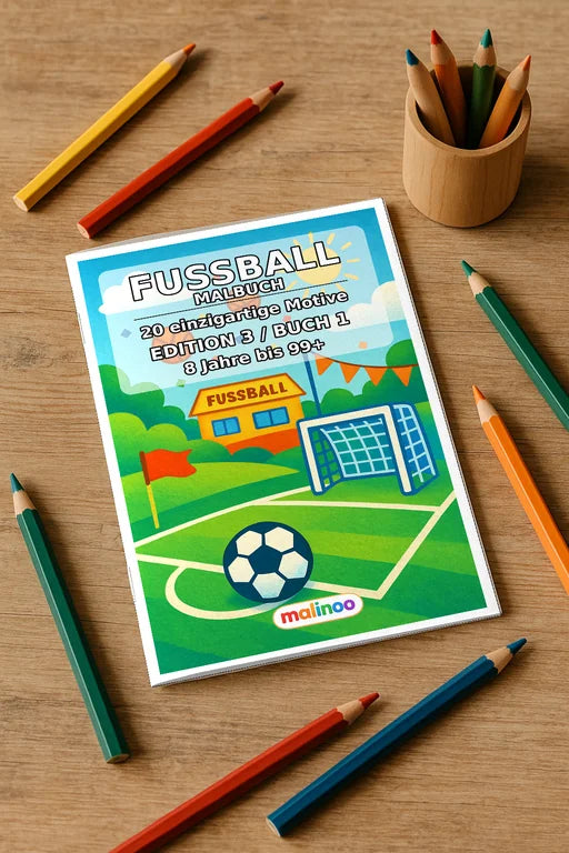 Fußball Malbuch 20 Ausmalbilder gedruckt+gebunden – Mockup-Ansicht