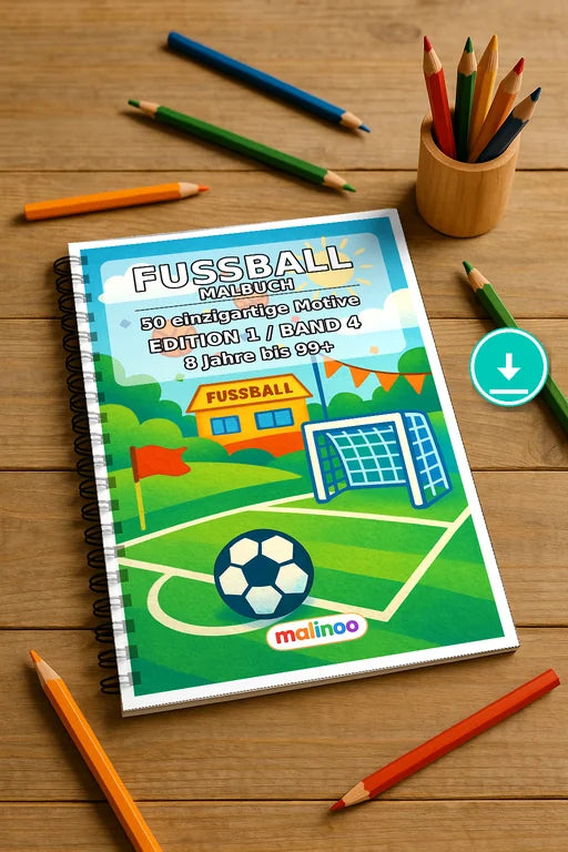 Fußball Malbuch 50 Ausmalbilder PDF Download digital – Mockup-Ansicht