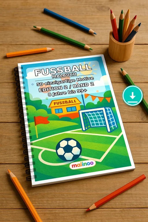 Fußball Malbuch 50 Ausmalbilder PDF Download digital – Mockup-Ansicht