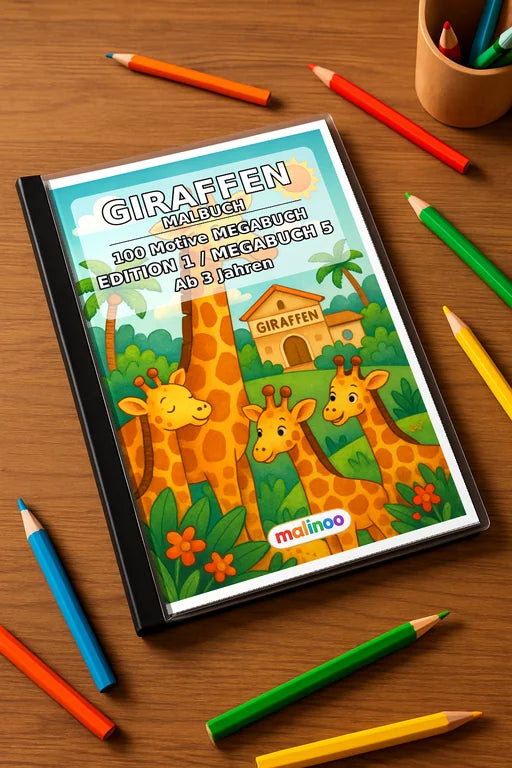 Giraffen Malbuch 100 Ausmalbilder gedruckt+gebunden – Mockup-Ansicht