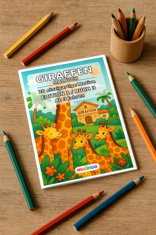 Giraffen Malbuch 20 Ausmalbilder gedruckt+gebunden – Mockup-Ansicht