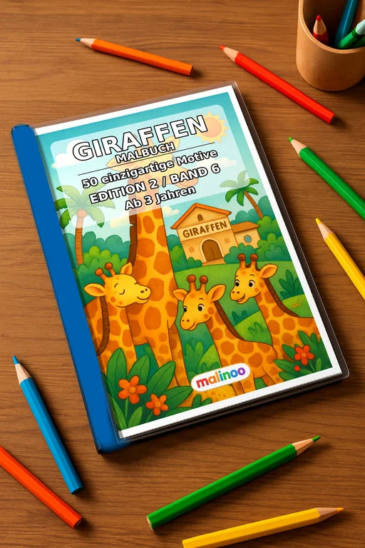 Giraffen Malbuch 50 Ausmalbilder gedruckt+gebunden – Mockup-Ansicht