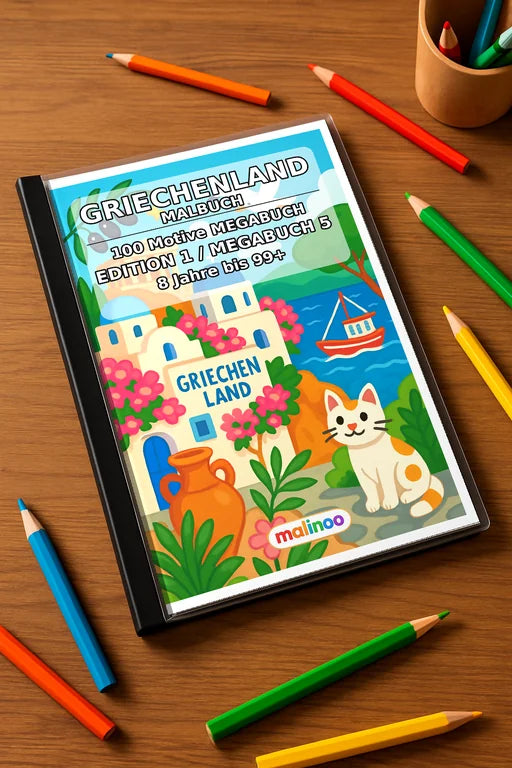 Griechenland Malbuch 100 Ausmalbilder gedruckt+gebunden – Mockup-Ansicht