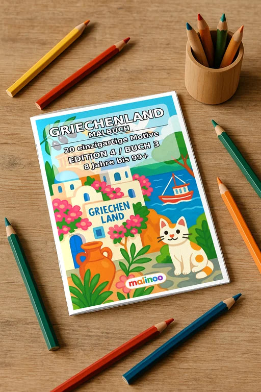 Griechenland Malbuch 20 Ausmalbilder gedruckt+gebunden – Mockup-Ansicht