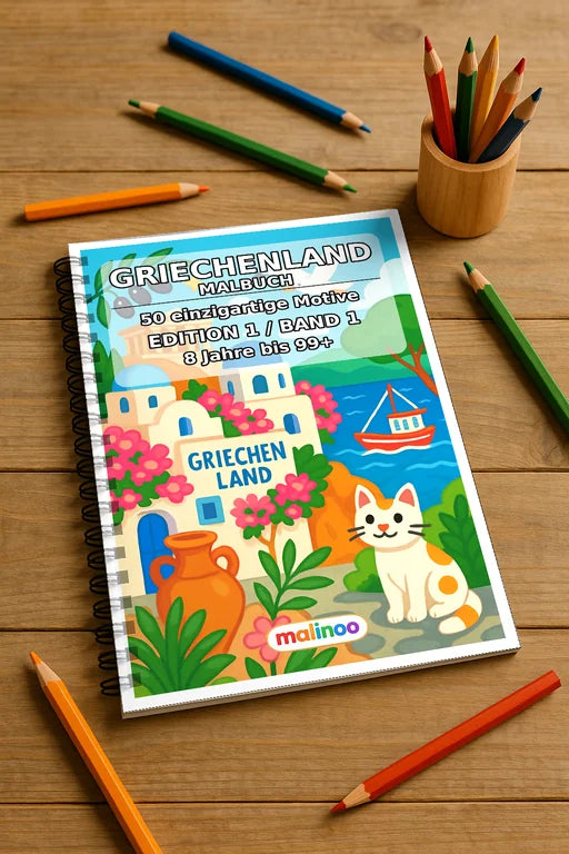 Griechenland Malbuch 50 Ausmalbilder gedruckt und gebunden – Mockup-Ansicht