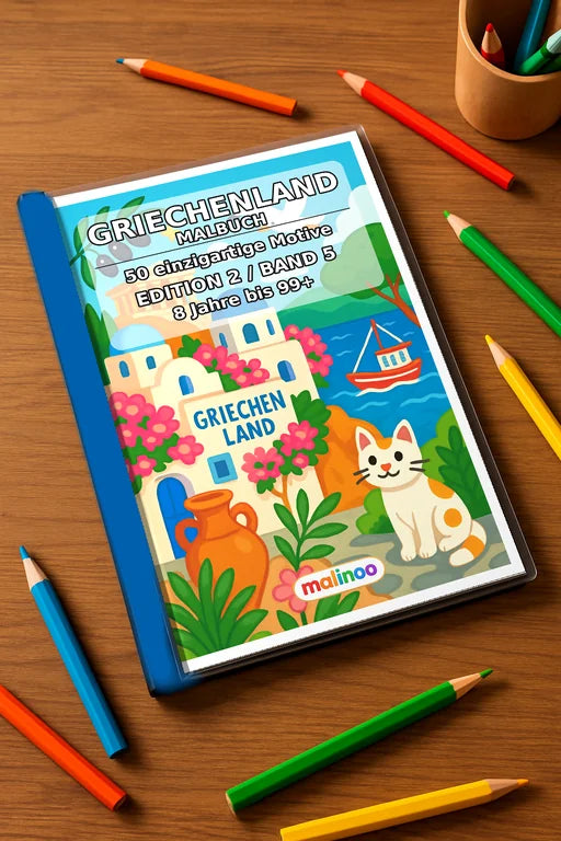 Griechenland Malbuch 50 Ausmalbilder gedruckt+gebunden – Mockup-Ansicht