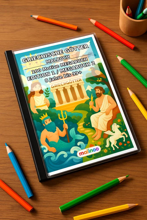 Griechische Götter Malbuch 100 Ausmalbilder gedruckt+gebunden – Mockup-Ansicht