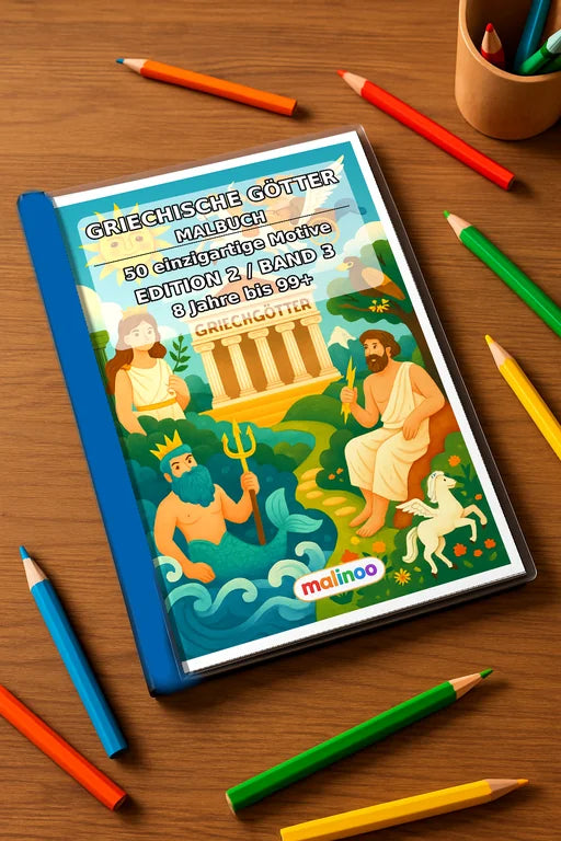 Griechische Götter Malbuch 50 Ausmalbilder gedruckt+gebunden – Mockup-Ansicht