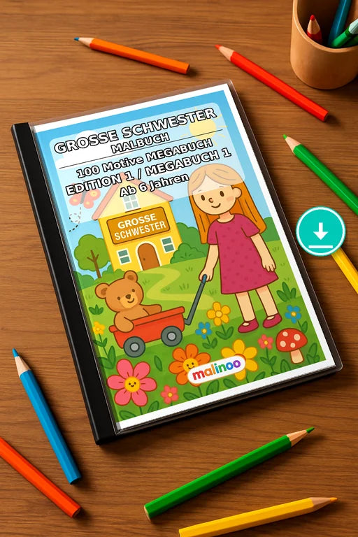 Große Schwester Malbuch 100 Ausmalbilder PDF Download – Mockup-Ansicht