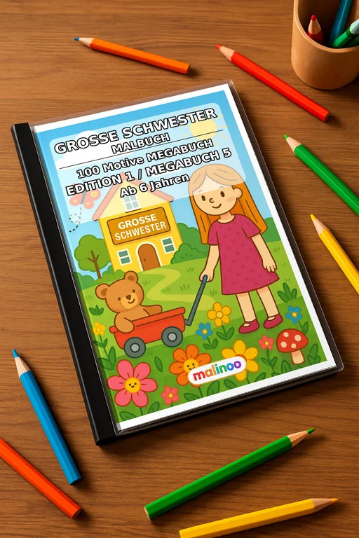 Große Schwester Malbuch 100 Ausmalbilder gedruckt+gebunden – Mockup-Ansicht