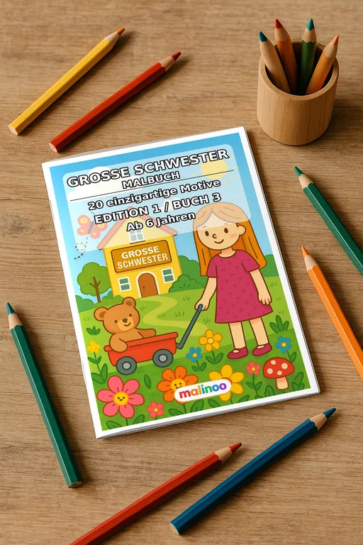 Große Schwester Malbuch 20 Ausmalbilder gedruckt+gebunden – Mockup-Ansicht