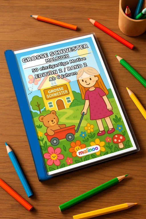 Große Schwester Malbuch 50 Ausmalbilder gedruckt+gebunden – Mockup-Ansicht