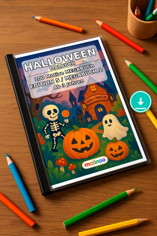 Halloween Malbuch 100 Ausmalbilder PDF Download – Mockup-Ansicht