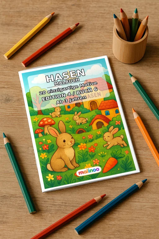 Hasen Malbuch 20 Ausmalbilder gedruckt+gebunden – Mockup-Ansicht