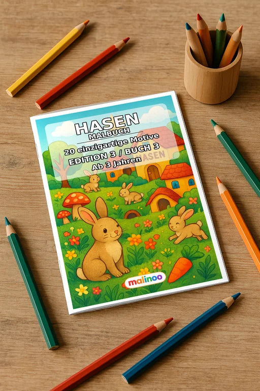 Hasen Malbuch 20 Ausmalbilder gedruckt+gebunden – Mockup-Ansicht