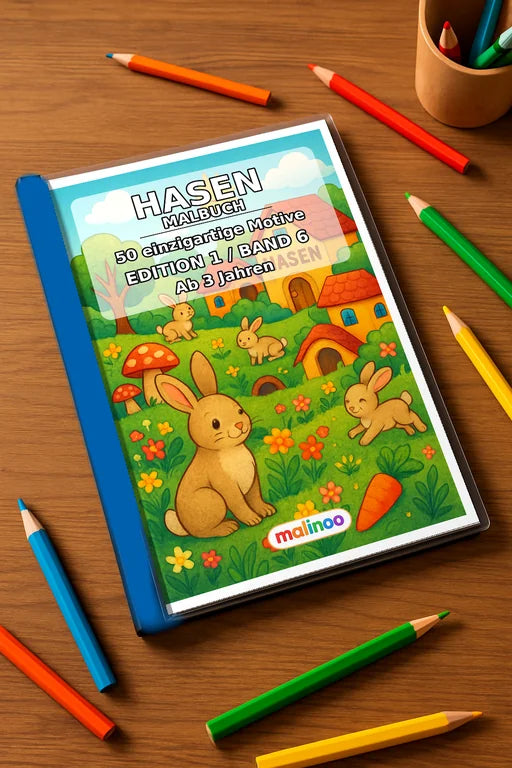 Hasen Malbuch 50 Ausmalbilder gedruckt+gebunden – Mockup-Ansicht