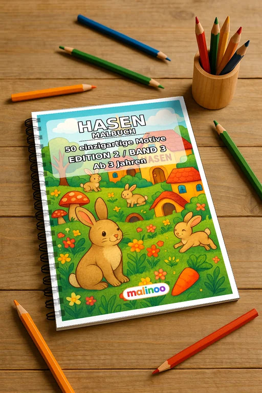 Hasen Malbuch 50 Ausmalbilder gedruckt und gebunden – Mockup-Ansicht