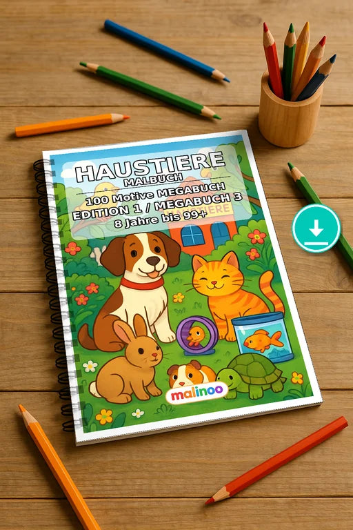Haustiere Malbuch 100 Ausmalbilder PDF Download – Mockup-Ansicht