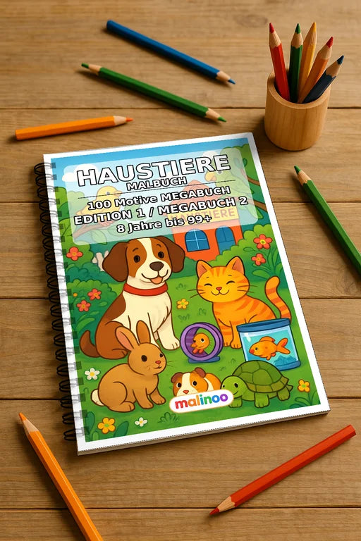Haustiere Malbuch 100 Ausmalbilder gedruckt und gebunden – Mockup-Ansicht